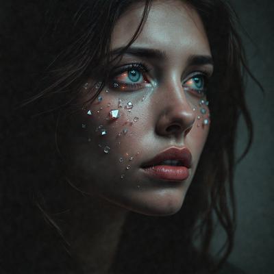 The primary subject of the image is a woman with a unique and artistic appearance. She has a face covered in glitter, giving her a sparkling and eye-catching look. The setting is a dark room, which adds to the dramatic and mysterious atmosphere of the scene. The visual style of the image is a close-up portrait, capturing the woman's face and the glittery details on her skin. The colors and mood of the image are predominantly dark, with the glittery details on